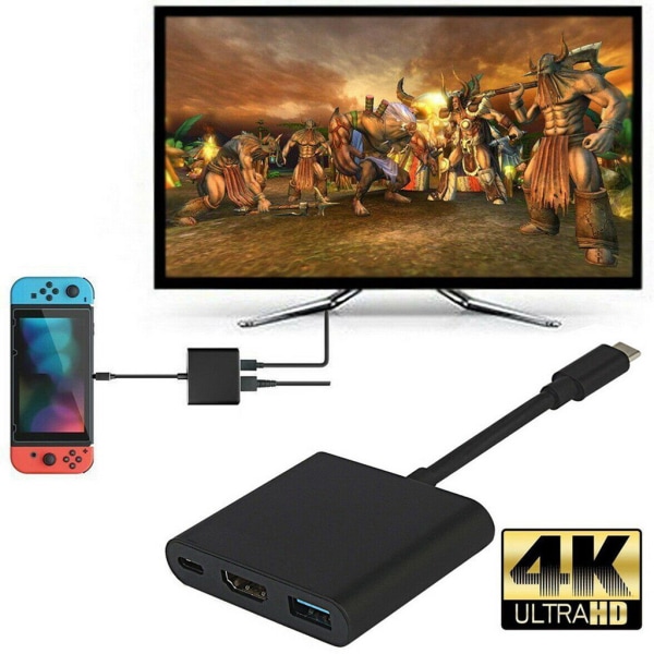 (Musta) 4K 1080 HDMI-sovitin kytkimelle, 3-in-1 USB 3.0 PD Multip