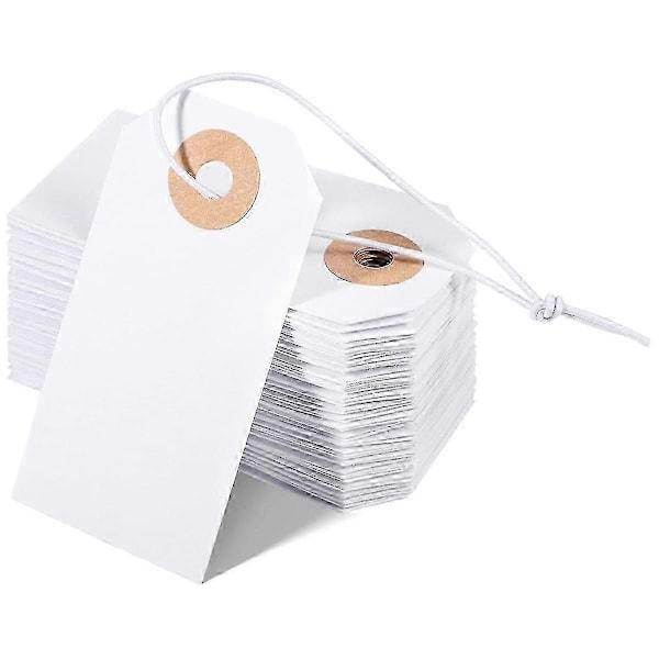 100-pakning blanke etiketter med elastisk snor, merkehengelapper festet, forsterket hull, skrivbare blanke etiketter 7 x 3,5 cm