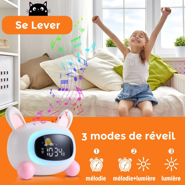 Lasten herätyskello yövalolla, 5 väriä ja säädettävä kirkkaus