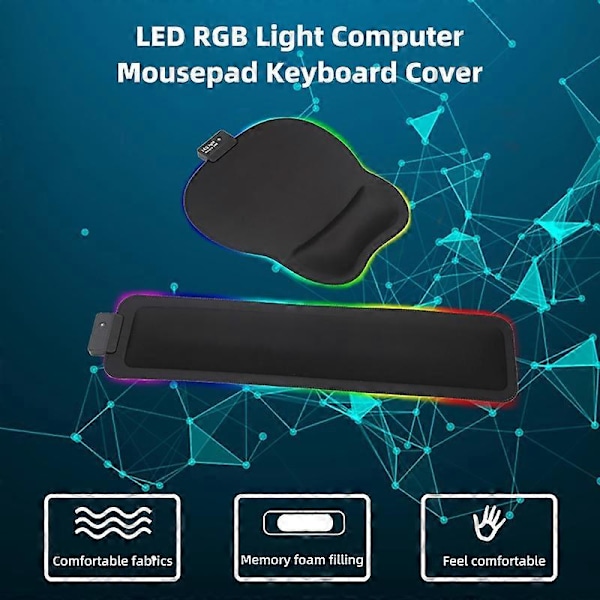 Musmatta Ljusstark Halkfri Långsam Återhämtning Bekväm Beröring Slitstark Handledsstöd LED RGB-ljus Datormusmatta Tangentbordsöverdrag för Hemmet A