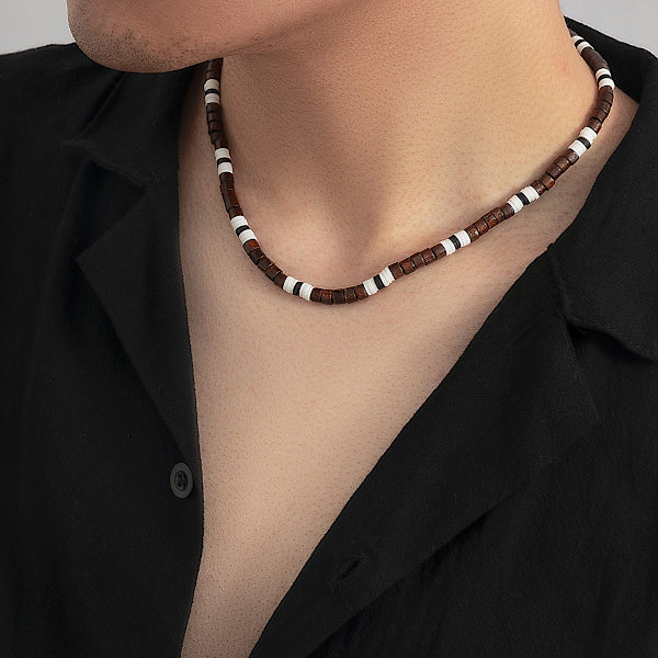 Boho chic blød terracotta patchwork træperle halskæde til mænd