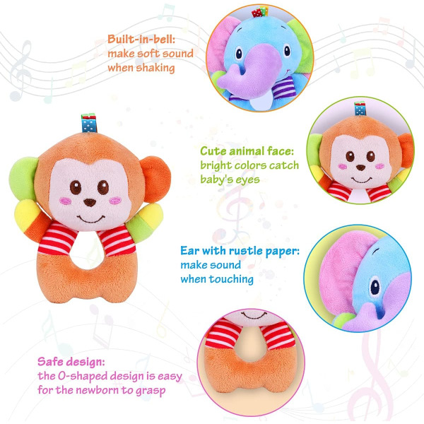 Baby Rattle Toy, 2st (apa, elefant) leksak Baby Sensory Awakeni