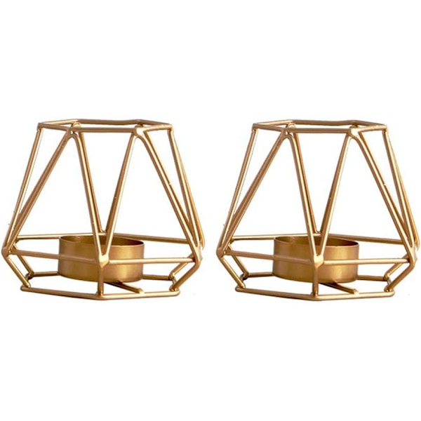 2 stycken geometriska värmeljushållare i teal, guld bordsljus