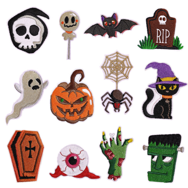 12 Stykker Halloween Broderi Stryke-på-lapp, Selvklebende Broderi