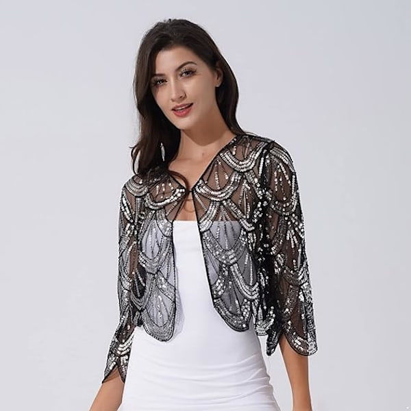 ##/Lille Sequin Sjal til Kvinder - Sort, Vintage Bolero Bryllup Eveni##/