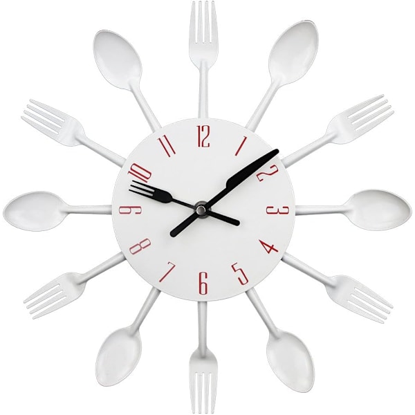 ##/Spegel-effekt Kök Klocka med Sked och Gaffel - 32*32*4CM Vit##/