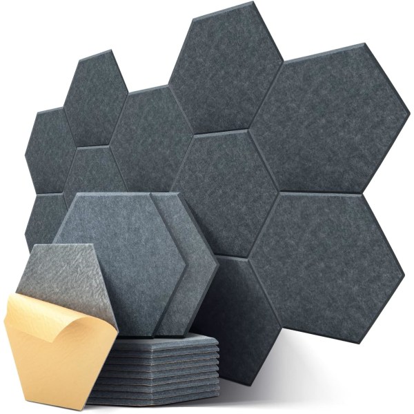 Mörkgrå hexagonal akustisk självhäftande, 12-pack hög densitet