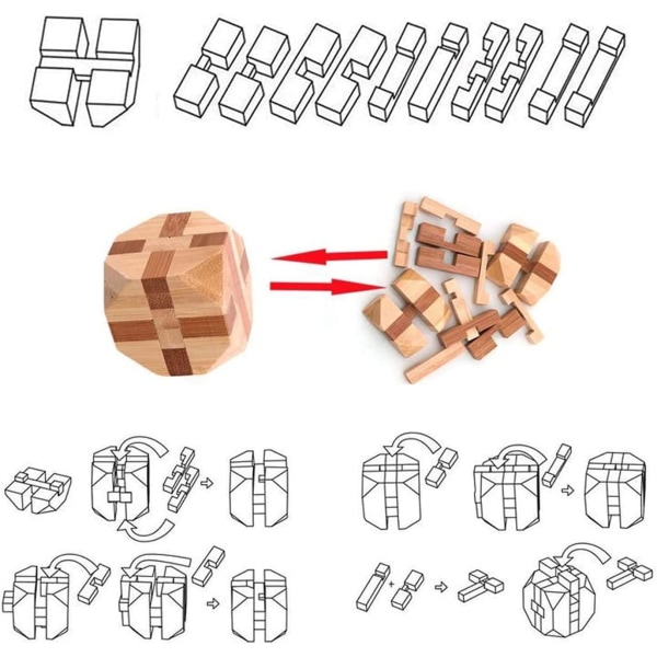 Brain Teaser i 9 delar av trä, Brain Teaser-spel, 3D IQ Puzzle Mi