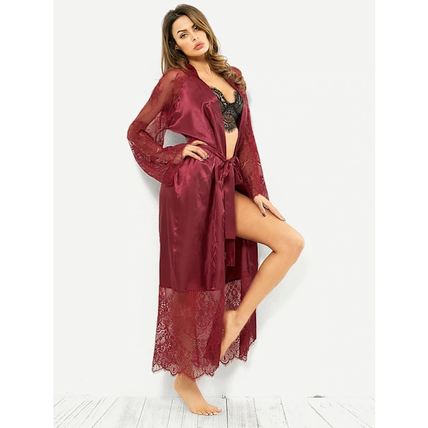 ##/L, Kimono Badekåber Lang Silke Satin Sort Kimono Badekåbe##/