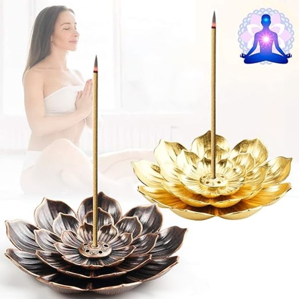 2 stk. Lotus Røgelsesholder, Bronze og Forgyldt Bronze, 6 Huller Messing