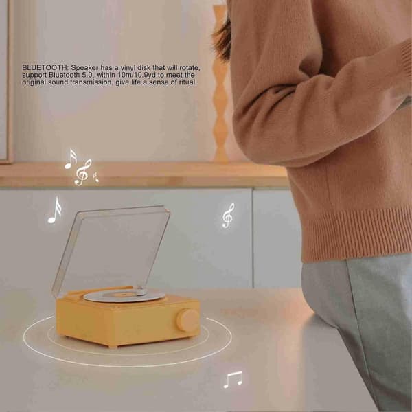 Roterande Vinylskiva Väckarklocka Högtalare Retro 360 Graders Stereo Trådlös Klocka Bluetooth Högtalare för Hem Sovrum Kontor Beige