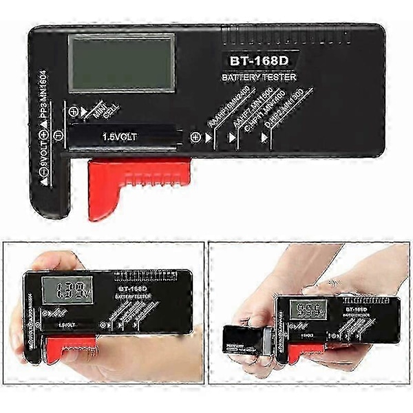 Digital batteritester, universal batteritester, batteritester, til AA, AAA, C, D, PP3, 9V, 1,5V, knapcellebatterier - virker uden batterier
