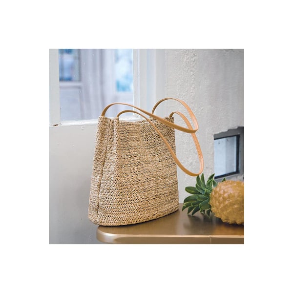 ##/Stort stråvevd håndveske i khaki for kvinner - Strandveske, skulderveske, tote##/