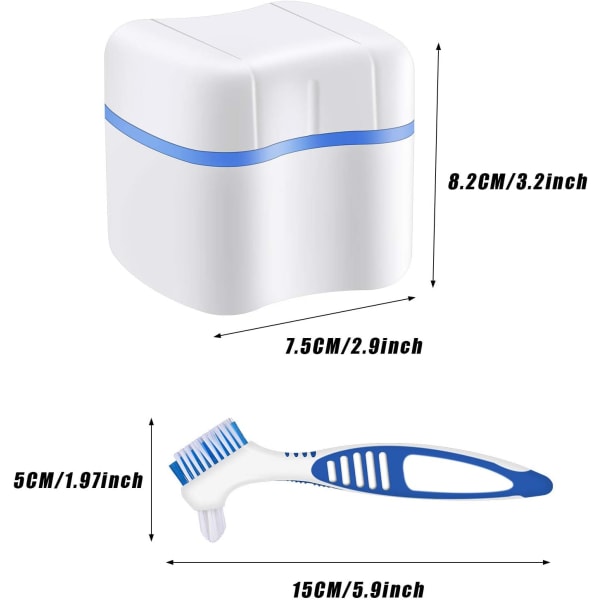 (sininen, punainen) 2 koteloa hammasproteesi kylpykuppi ja 2 hammasproteesin puhdistusharjaa