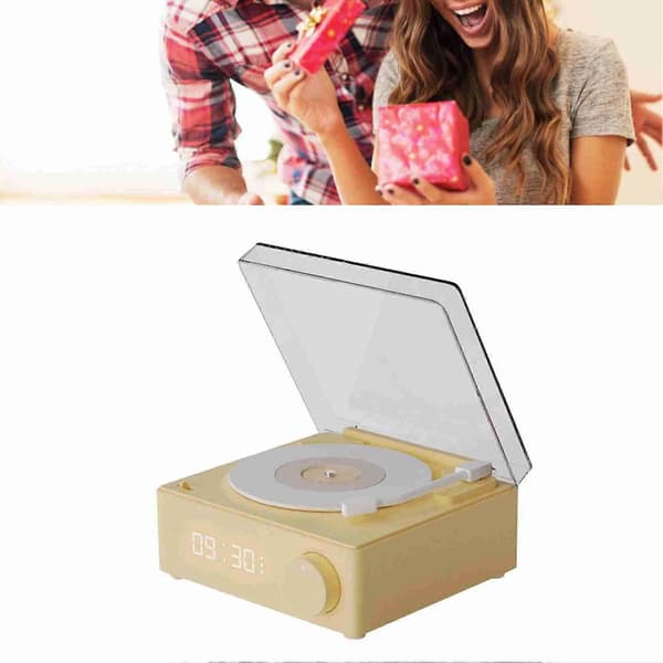 Roterande Vinylskiva Väckarklocka Högtalare Retro 360 Graders Stereo Trådlös Klocka Bluetooth Högtalare för Hem Sovrum Kontor Beige