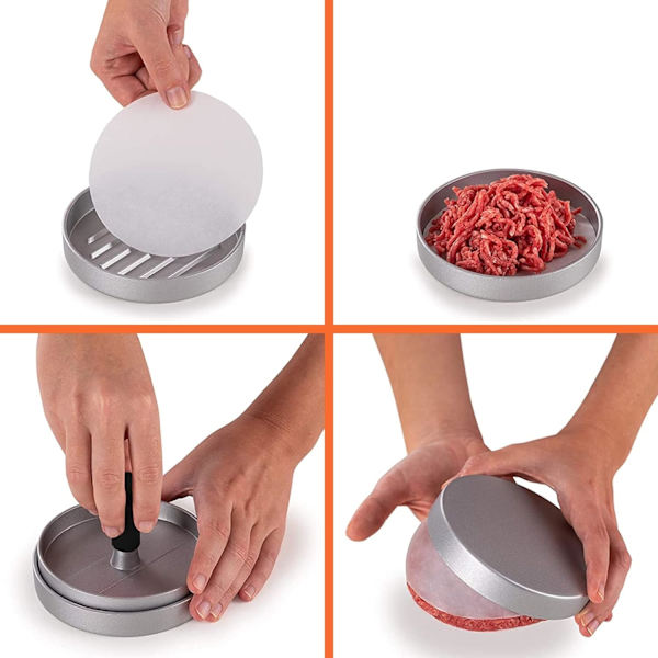 Hamburger-puristimen ja patty-paperisetti (musta), Hamburger-puristimen, Gri