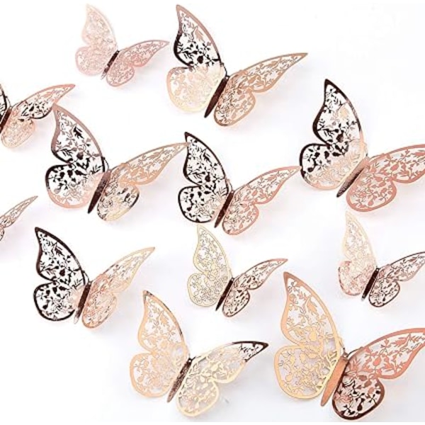 12 stk 3D (roseguld) Butterfly vægklistermærker 3 størrelser Butterfly Wa