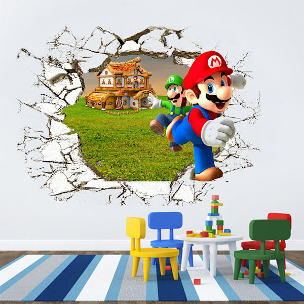 Väggdekaler 3D Brutet Vägg Mario Väggdekaler Mural Dekaler för