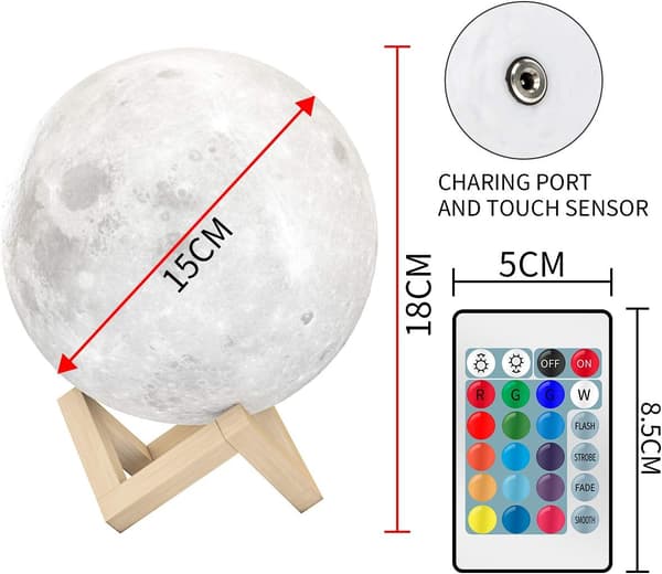 3D Månelampe LED Nattelys 15CM Dimbar 16 Farger med Fjernkontroll