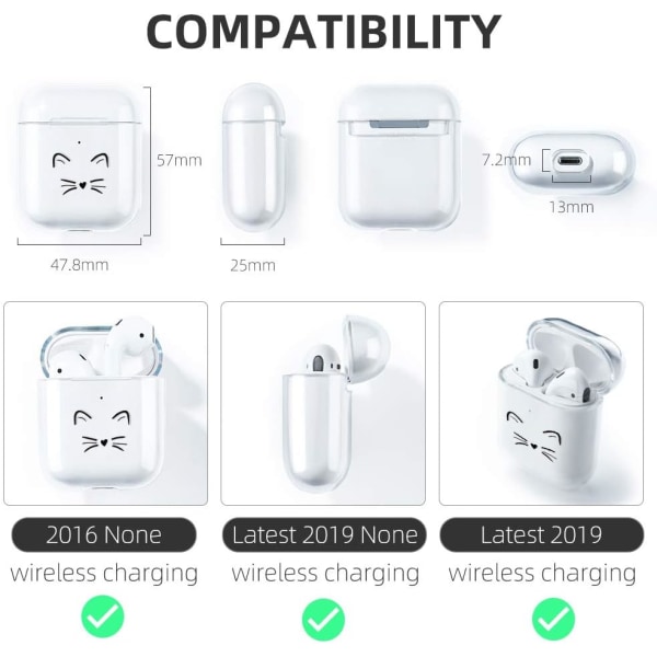 Cat AirPods- case, kompatibel med AirPods 2 & 1 Clear Silicone C