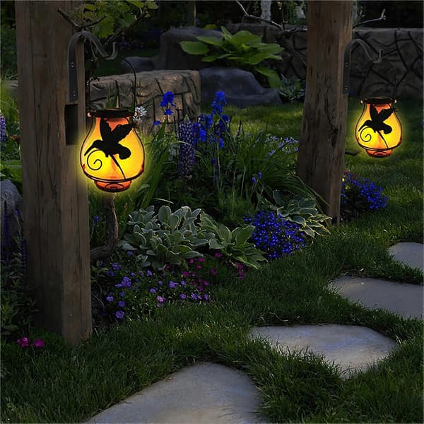 Solcellelampe Simulert Flamme Design Vanntett Metall Solcelle Hengelampe for Hage Hummingbird