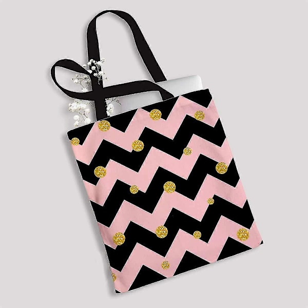 Glitrende Guld Polka Dot Sort Pink Chevron Canvas Skuldertasker Håndtasker Tote Tasker Shoppingtaske