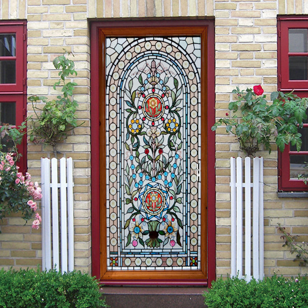 3D-dörr med målat glas-blommor och PVC-sticker