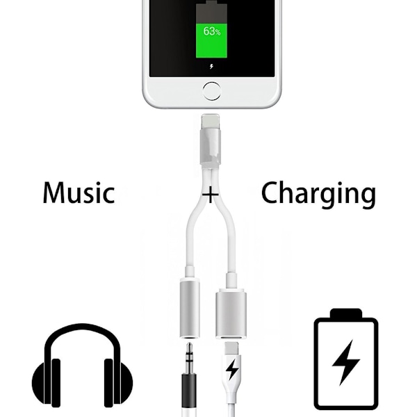 /#/Silver Lightning Adapter, 3.5mm Laddning och Synk Y-Kabel/#/