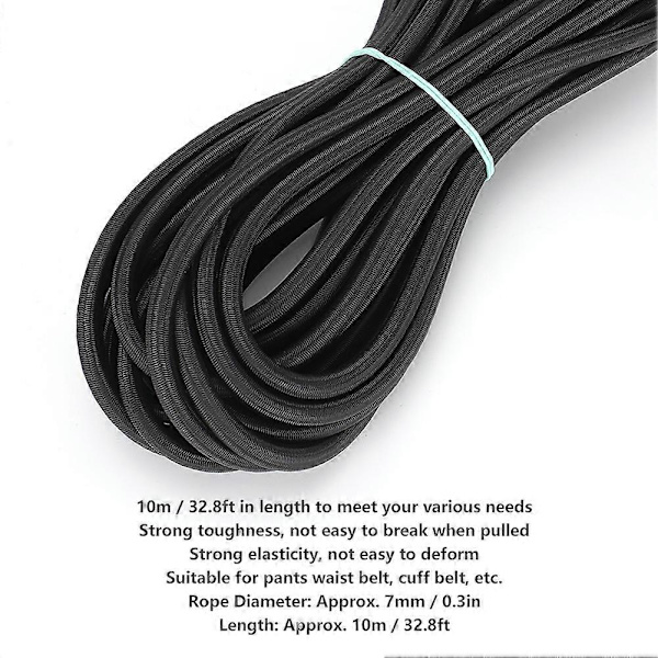7mm 10m / 32,8ft Rund Elastisk Snor til Tøj med Stærk Elasticitet til DIY Tøj Sort