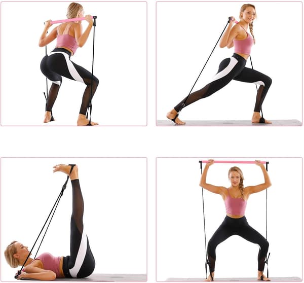 Pink - 1 Pilates Bar med modstandsbånd, bærbar og justerbar