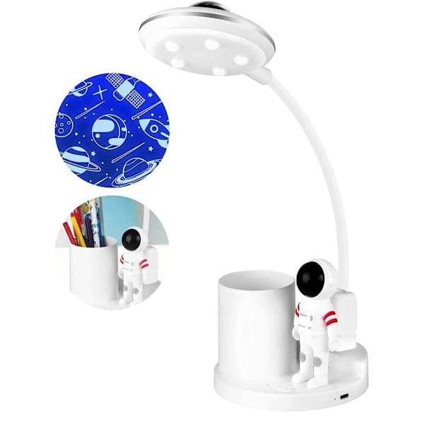 Hvit LED skrivebordslampe for barn, batteridrevet skrivebordslampe
