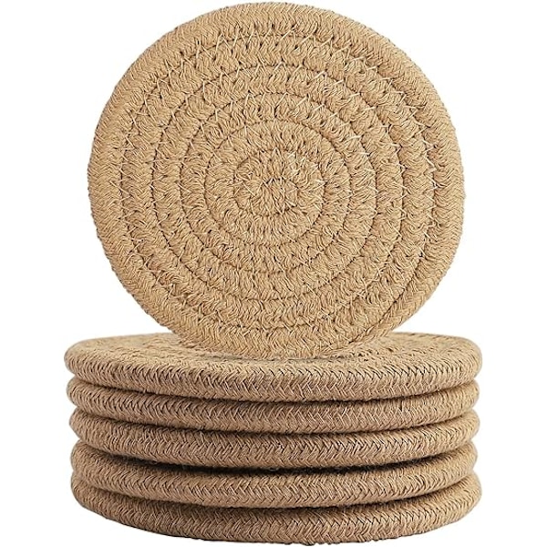 6 stk. Kaffe Farvede Drikkeunderlag, 11cm Runde Vævede Underlag Vand