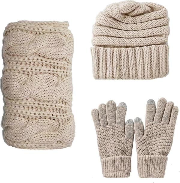 Unisex Hue Halstørklæder Handsker Sæt Strik Slouch Beanie Hue Halsvarmer Touchscreen Khaki