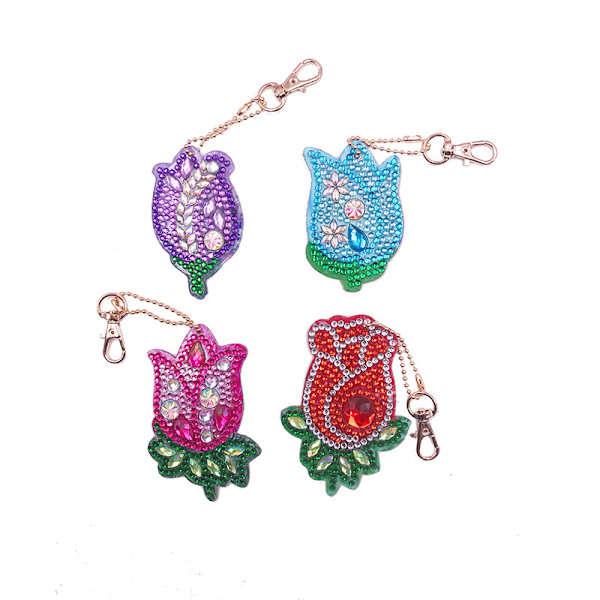 Fire-delt Rose DIY Diamantmaleri Nøglering Vanddiamantmaleri