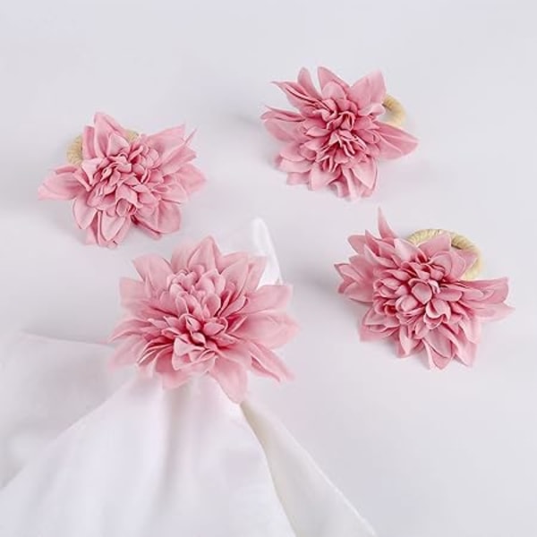 Håndlagde blomster serviettringer sett med 6, falsk rosa Dahlia serviettring