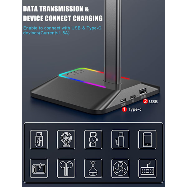Hörlursställ RGB Headsethållare med 2 USB