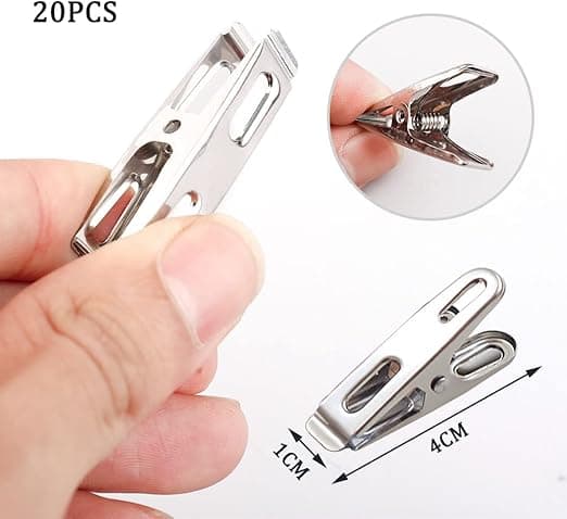 Sett med 20 klesklyper, 4,5 cm små metallklesklyper rustfritt
