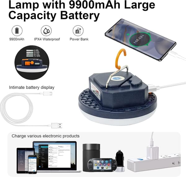 Bærbar Campinglanterne 9900mAh Powerbank, 2000LM Genopladelig