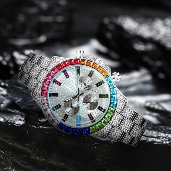 Quartz Klokke Chronograph Gulltone/Regnbue Rhinestone Diamanter