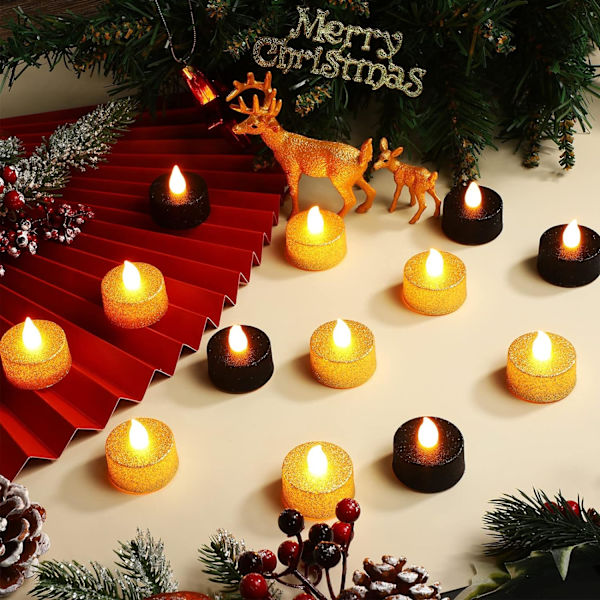 ##/24 stk. Guld Glitter LED Teelys Sort Flammeløs Teelys##/