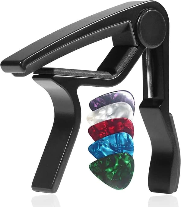 Guitar Capo med 5 Picks (Sort) - 75*80mm, Alloy Guitar Capo til 6 Strenge