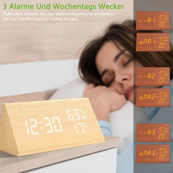Trä Digital Väckarklocka, Trä Väckarklocka med 3 Alarm Inställningar