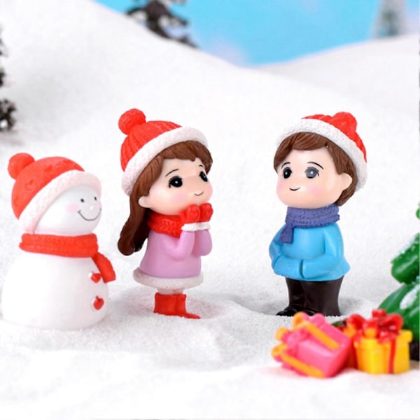 Dukkehusdukker Dejlige Miniature Bonsai DIY Par Snemand Model Figur Landskabsdekoration Red Hat Snowman
