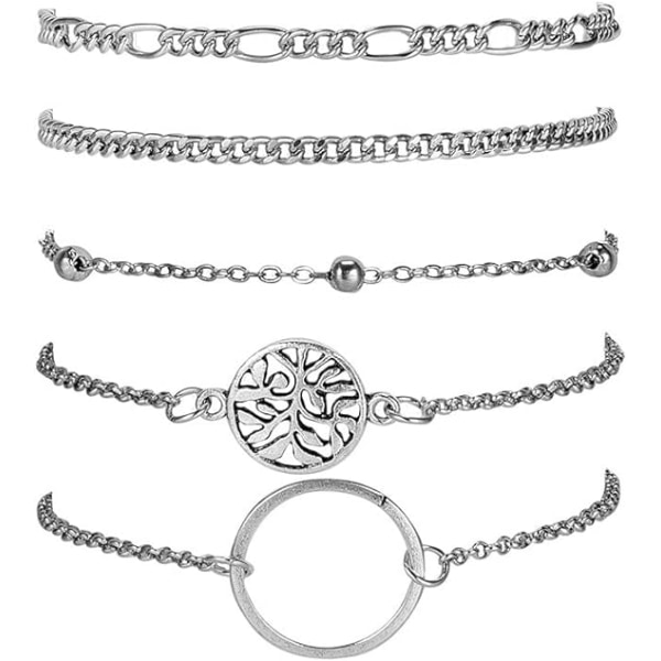 Set med 5 silverarmband med pärlor och kedjor för kvinnor Bohemi