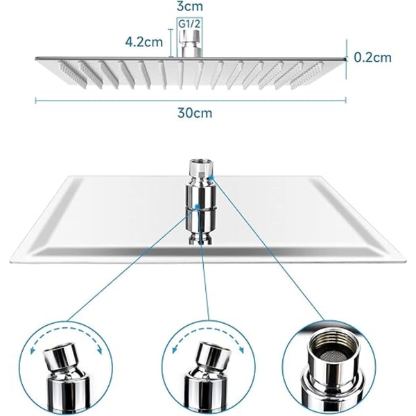 ##/Kvadratisk Dusjhode med Kalkbeskyttelse  Vannbesparende Regn Dusjhode med Rustfritt Stål Dyser 12 tommer/30cm Polert Krom Finish (Speil)##/