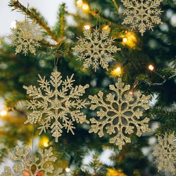 36 Stykker Juletræspynt Guld Snefnug Ornamenter Plastik Glitter Sne