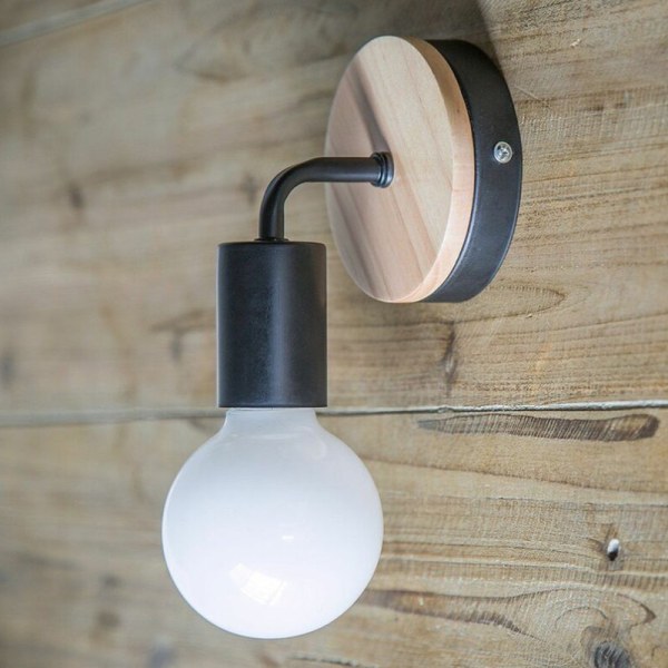 Svart vegglampe E27 LED Jern og tre vegglampe for barnerom