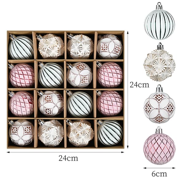 16 stk. julekuler, 6 cm, rosa, 4 stiler