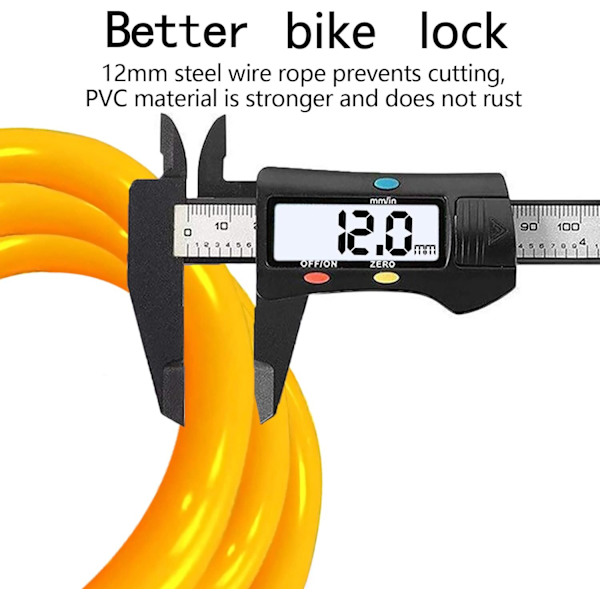 Cykel Lås (Gul), Lang Cykel Lås 120cm x 12mm, Tyverisikker Kabel