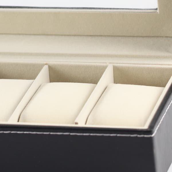 Klocklåda med 6 fack, klockfodral, displayfodral med glaslock, sammetskuddar, lås, 11 x 30 x 8 cm, svart beläggning och grå foder